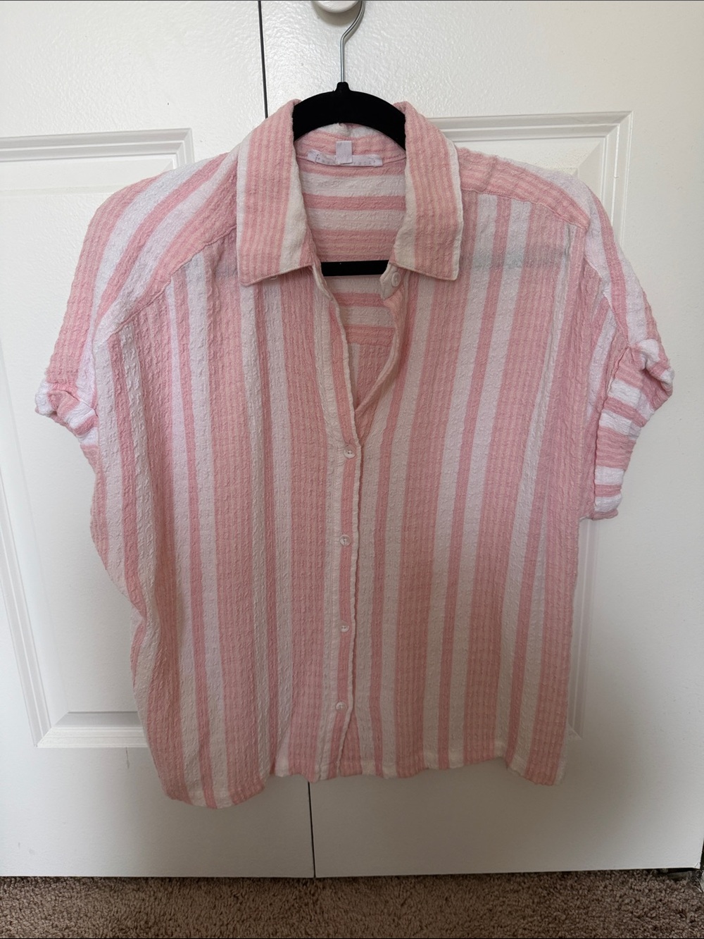 Jane and Delaney Muslin Oversized Pink and White Striped Button-Up Shirt